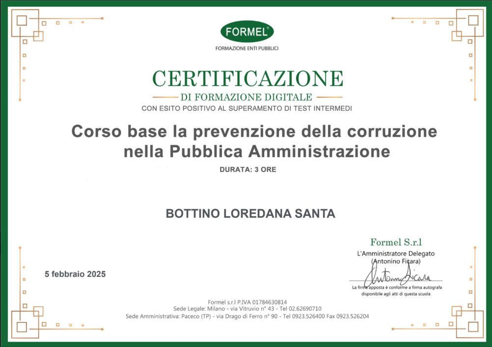 Certificato Corso base prevenzione della corruzione nella PA